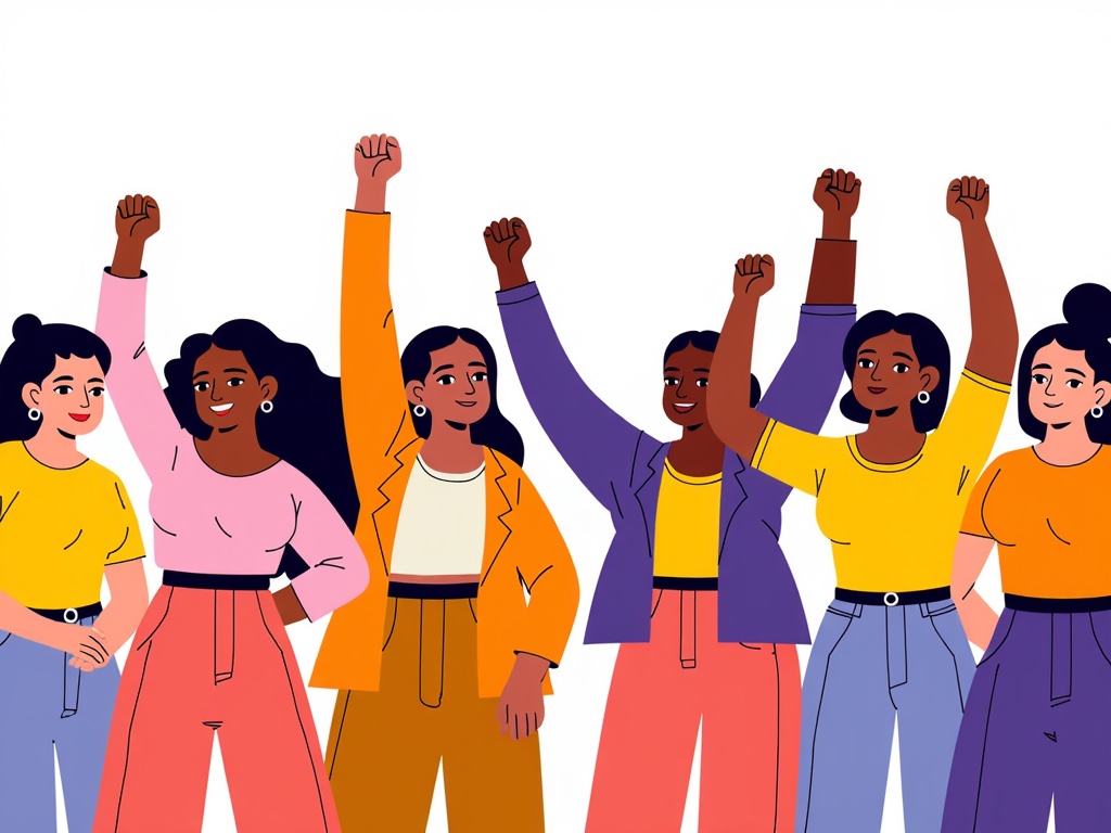 A group of women of diverse backgrounds standing together, holding hands, or raising fists in solidarity.