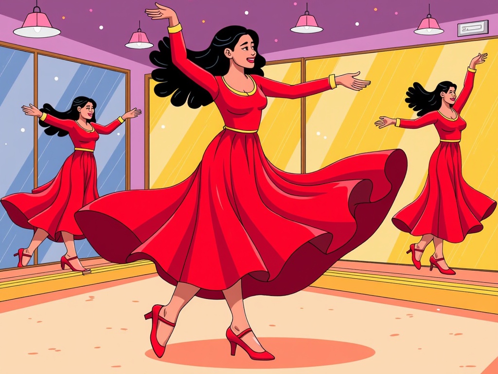  a young woman in a red dress dancing in a dance studio. She is in the center of the image, with her arms stretched out to the sides and her legs bent at the knees. Her hair is flowing in the wind and she has a big smile on her face. In the background, there are two other women in similar red dresses, also dancing, with their arms raised in the air. The studio has a large mirror on the wall and pink pendant lights hanging from the ceiling. The floor is covered in a light-colored carpet. The overall style of the illustration is cartoon-like and vibrant.