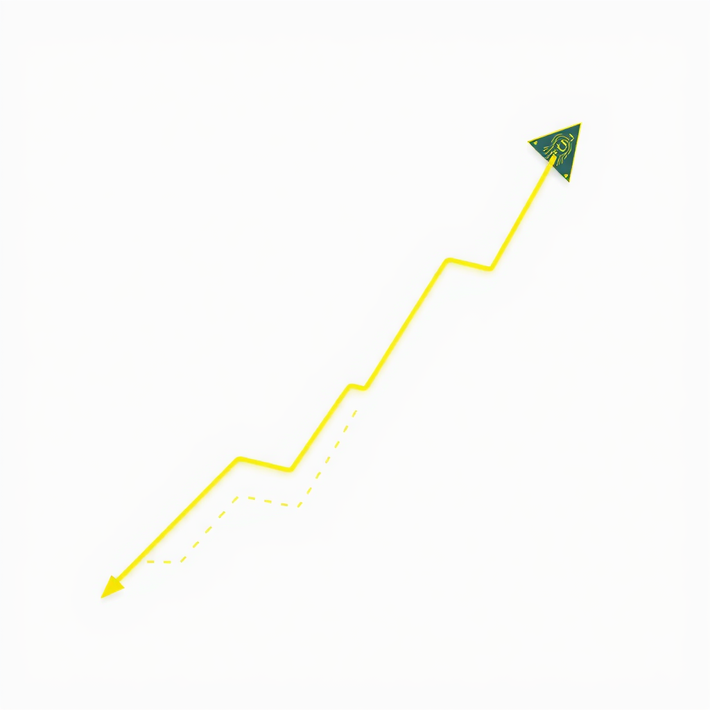A simplified line graph where the line itself incorporates subtle circuit patterns or AI chip motifs before sharply trending upwards, indicating tech-driven growth.