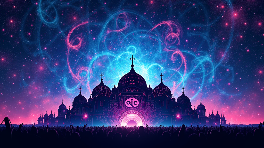 A silhouette of the Cosmic Meadow stage against a vibrant background of kaleidoscopic psychedelic swirls in neon blues, purples, and pinks. The EDC logo could be subtly integrated into the swirls or as a small emblem.