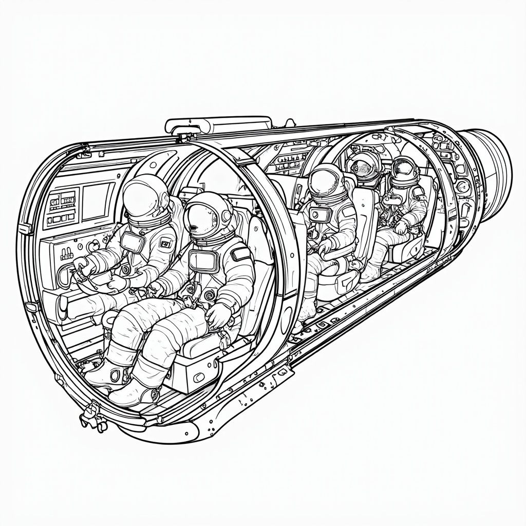 A cutaway view of the Starliner capsule showing multiple astronauts seated and secured, with focus on the internal layout and gear.