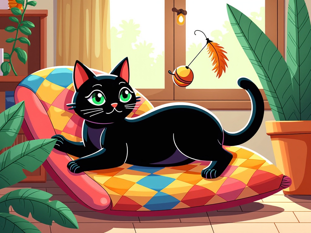  a black cat lying on a colorful cushion in a room with a window in the background. The cat is lying on its side with its body stretched out and its tail curled around its body. It has green eyes and is looking directly at the camera. On the right side of the image, there is a potted plant and a small orange and yellow feather toy hanging from a hook. The room has a tiled floor and a wooden dresser with a vase of flowers on top. The overall style of the room is cartoon-like and playful.