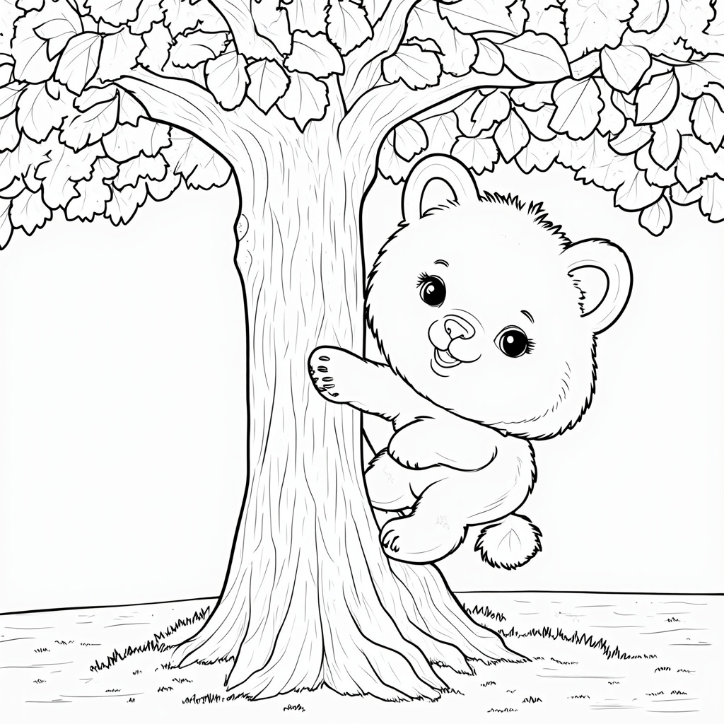 A playful bear cub climbing a tree, waiting to be shaded with vibrant hues.