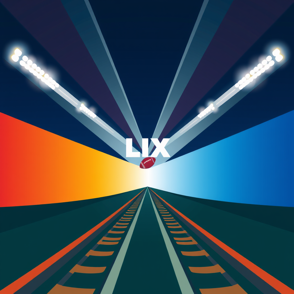 Sub-Design Idea 2: Converging Paths - An abstract design where streetcar tracks on the ground and prominent beams of stadium lights in the sky visually converge towards a central focal point. This point could subtly incorporate the 'LIX' numerals or a hint of a football shape, symbolizing a journey to the main event.