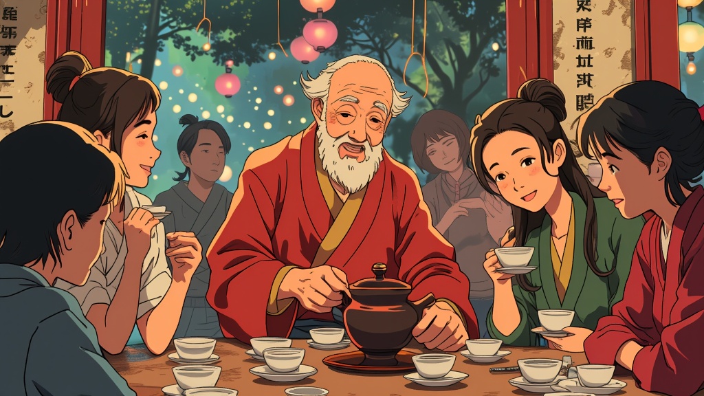 A detailed scene of the iconic Jasmine Dragon tea shop, with Iroh serving tea to delighted patrons, capturing a place of peace amid chaos.