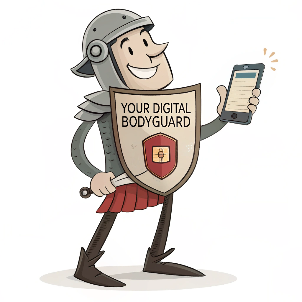 Guardian Character Sticker: Illustrate a friendly yet vigilant character (e.g., a stylized human guard, a trustworthy animal sidekick like a dog with a security vest, or a helpful robot). The character is holding two distinct items: one representing a password (like a scroll or a keycard) and the other a device for the second factor (like a mobile phone). '2FA' is displayed on the character's attire or a small sign they hold. Slogan: 'Your Digital Bodyguard'.