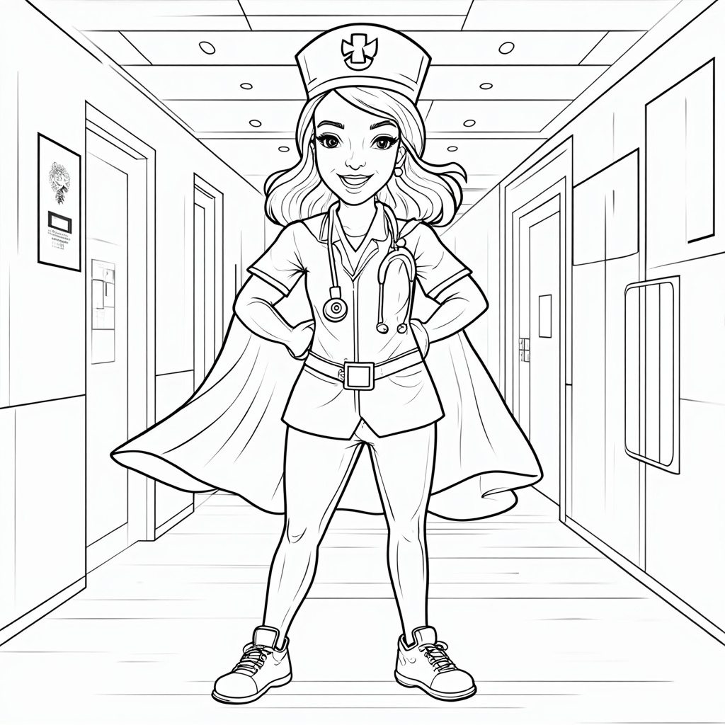 A smiling nurse with a stethoscope around their neck, wearing a superhero cape adorned with a medical cross or heart symbol.