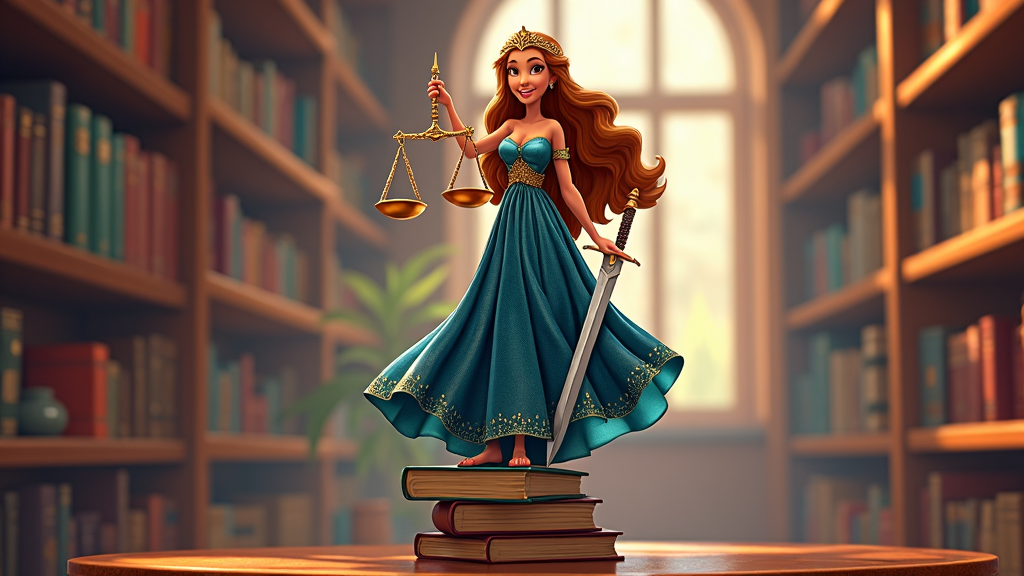 Lady Justice in cartoon form standing atop a stack of law books, her blindfold symbolizing fairness. The scales she's holding in her right hand are perfectly balanced, while her left hand firmly grips a sword, embodying swift justice.