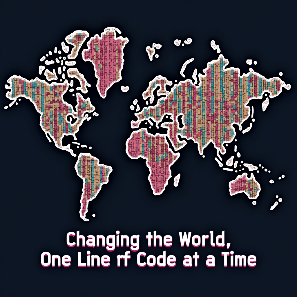 Retro-inspired pixel art T-shirt design depicting a world map or a computer screen where lines of code are literally 'building' or 'coloring' parts of the world, emphasizing the constructive power. The slogan 'Changing the World, One Line of Code at a Time' is rendered in a classic pixelated font.