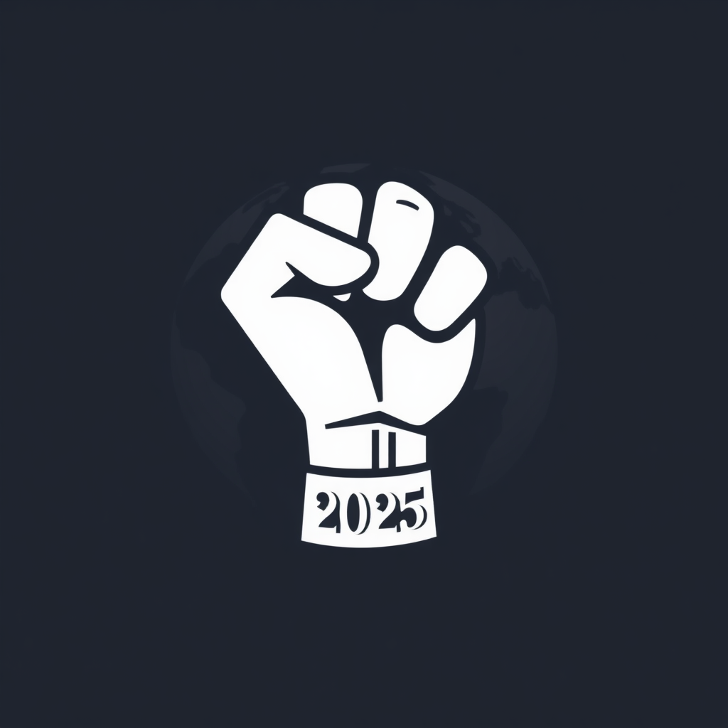 Simple Logo Idea: A single, strong iconic fist with the year '2025' embedded or clearly visible. A subtle band around the wrist or background elements suggest global reach (e.g., a partial globe or encircling lines).