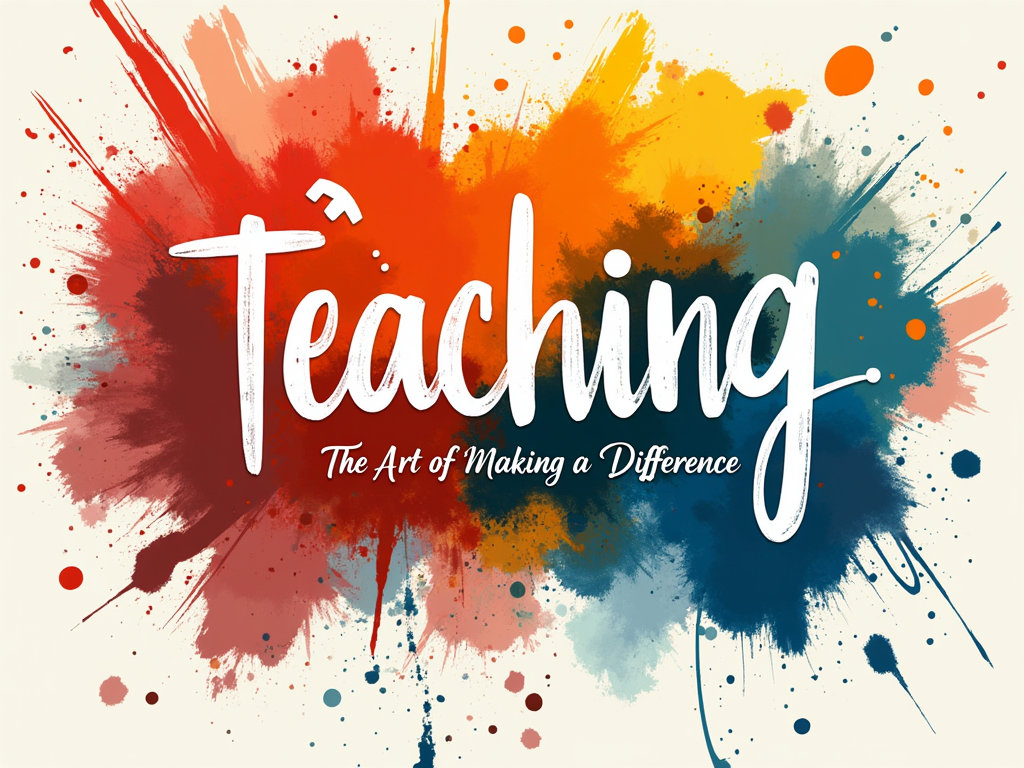 Design 5: 'Difference in Abstract Strokes'. A more abstract design using bold, colorful brushstrokes that form an uplifting and dynamic pattern. Interspersed within or formed by the negative space of these strokes are subtle icons of learning and transformation (e.g., a pencil morphing into a key, a question mark turning into an exclamation point). The text 'Teaching: The Art of Making a Difference' is typeset in a clean, modern font to contrast the artistic background.