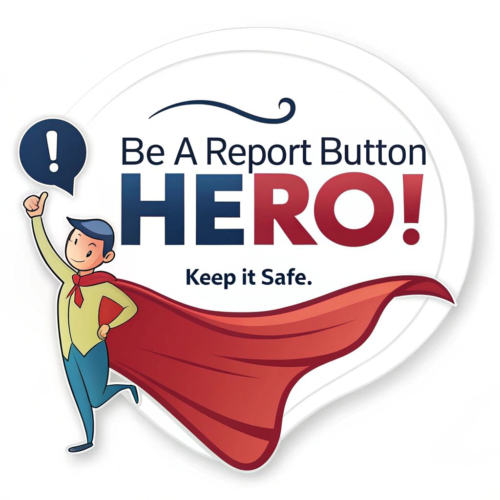 Sticker Design Sub-Idea 1: A stylized report button icon (e.g., a speech bubble with an exclamation mark, or a shield) wearing a flowing superhero cape. Text: 'Be a Report Button Hero!' and a smaller 'Keep It Safe.'