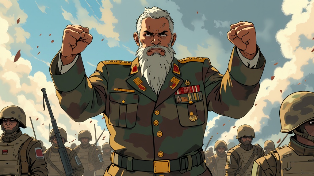 The image is an illustration of a man in a military uniform with a long white beard and mustache. He is standing in front of a group of soldiers, all of whom are wearing helmets and holding rifles. The man is raising his fists in a fist-like gesture, as if he is shouting or celebrating. The background is a cloudy sky with red confetti falling from the sky. The overall mood of the image is one of strength and determination.