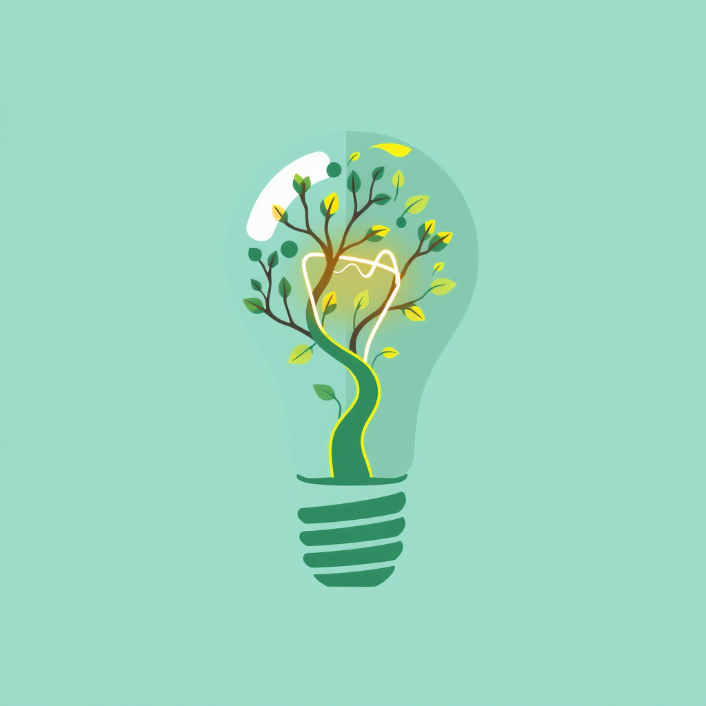Eco-Innovation Bulb: The silhouette of a classic lightbulb where the filament is replaced by a stylized tree or a winding vine. The base of the bulb could incorporate subtle patterns suggesting digital connections or renewable energy inputs.
