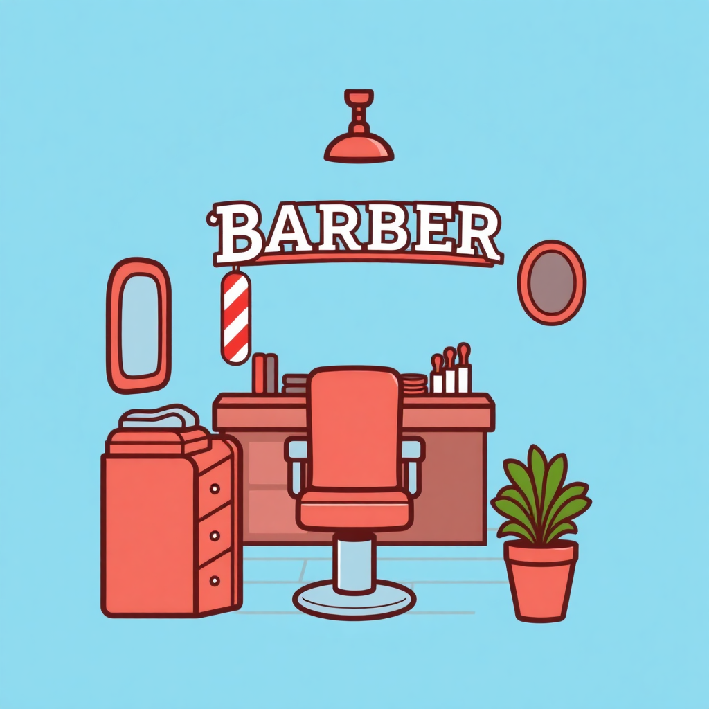 The image is an illustration of a barber shop. The background is a light blue color and the word Barber is written in red capital letters at the top of the image. Below the word, there is a red barber chair with a red cushion and a white base. On the right side of the chair, there are various barber tools such as a razor, a comb, and a pair of scissors. Next to the chair is a small potted plant with green leaves.   On the left side of this image, there appears to be a red cabinet with a mirror and a hair dryer on top. The cabinet has two drawers and a handle on the top for easy access. There is also a small mirror on the wall above the cabinet. The overall style of the illustration is simple and cartoon-like.