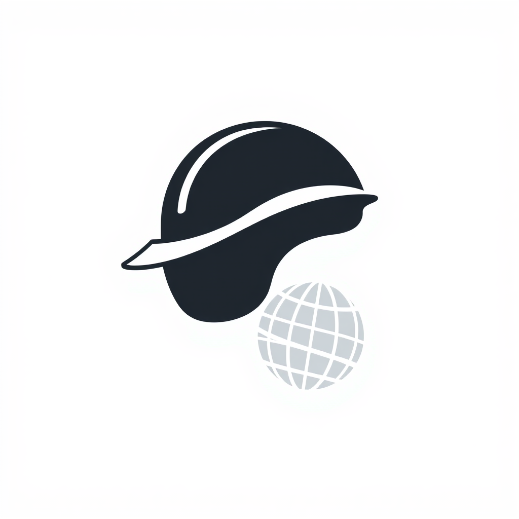 A minimalist logo design showing the side profile silhouette of a safety helmet, with a small, simple globe icon integrated into its structure or placed nearby.