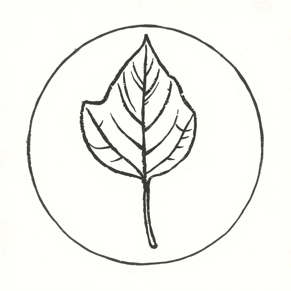 A singular, hand-drawn leaf with a prominent woodblock print or rough sketch texture, enclosed within a slightly irregular, hand-drawn circle, representing natural simplicity and an organic approach to sustainability.