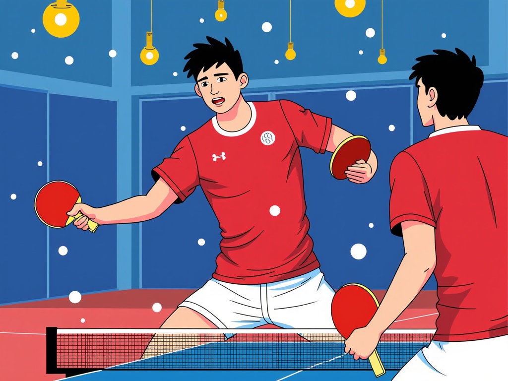  two young men playing table tennis. They are both wearing red t-shirts with white polka dots and white shorts. The man on the left is holding a red ping pong paddle and is in the process of hitting the ball over the net. The other man is standing behind the net, watching the action. The background is a blue wall with hanging light bulbs. The image appears to be an illustration of a ping-pong court.