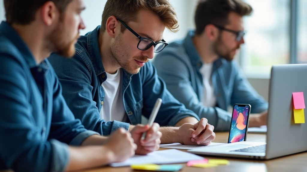 A close-up of an intern taking notes during a team meeting, smartphone and laptop filled with colorful sticky notes beside them.