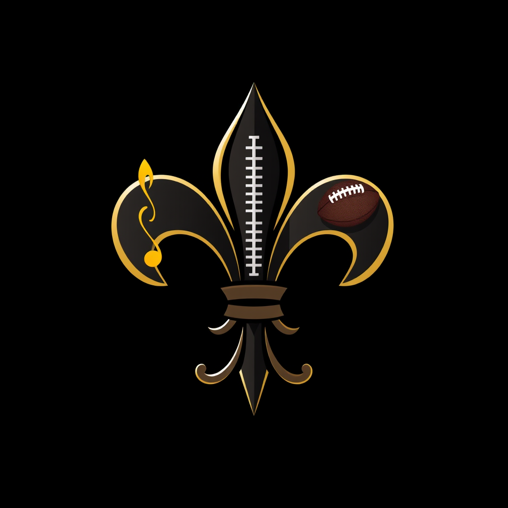 A bold, modern Fleur-de-Lis emblem where its three petals represent different facets: one with jazz musical notes, one with football pigskin texture, and one with 'LIX' prominently displayed, all converging to a central point.