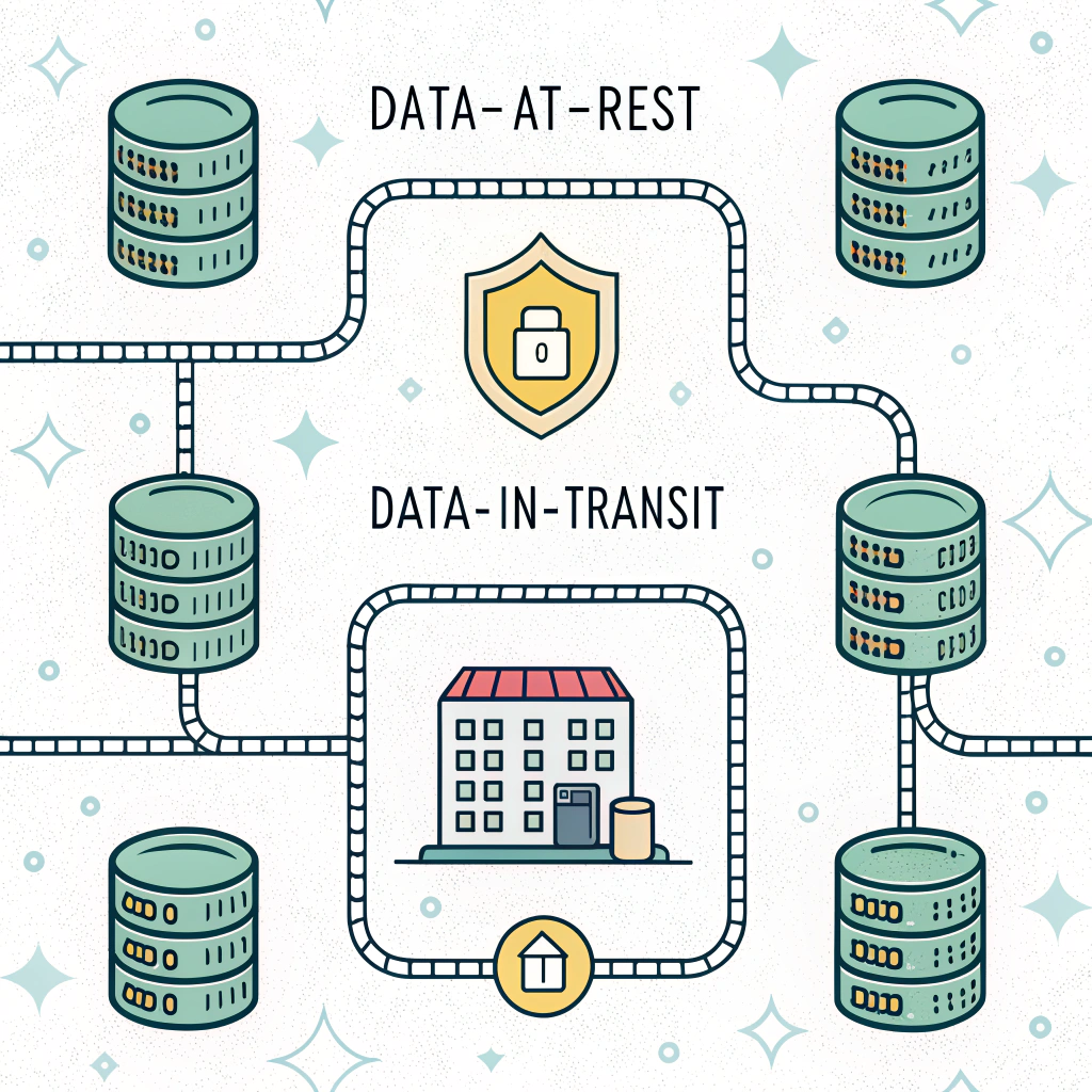 An interconnected pattern design that visually links a 'data-at-rest' state (e.g., a stylized server or database with a shield icon) to a 'data-in-transit' state (e.g., data particles moving along a secured, perhaps segmented, path), symbolizing end-to-end encryption.