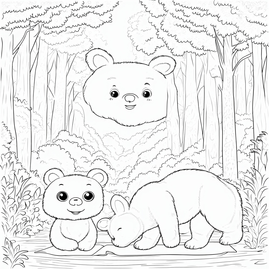 A yoga bear performing poses in a serene forest, inviting a calming palette.