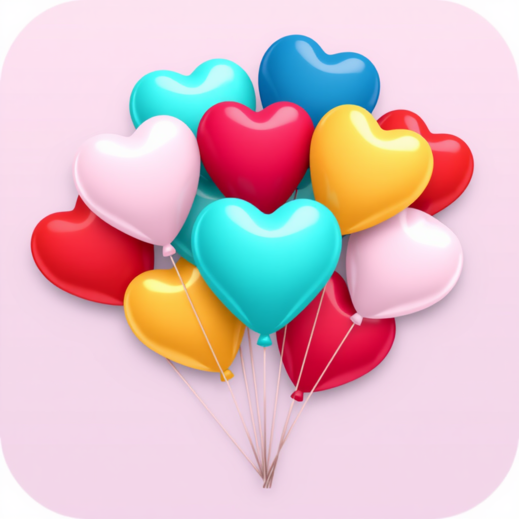 A bunch of balloons tied together, some heart-shaped, some round.