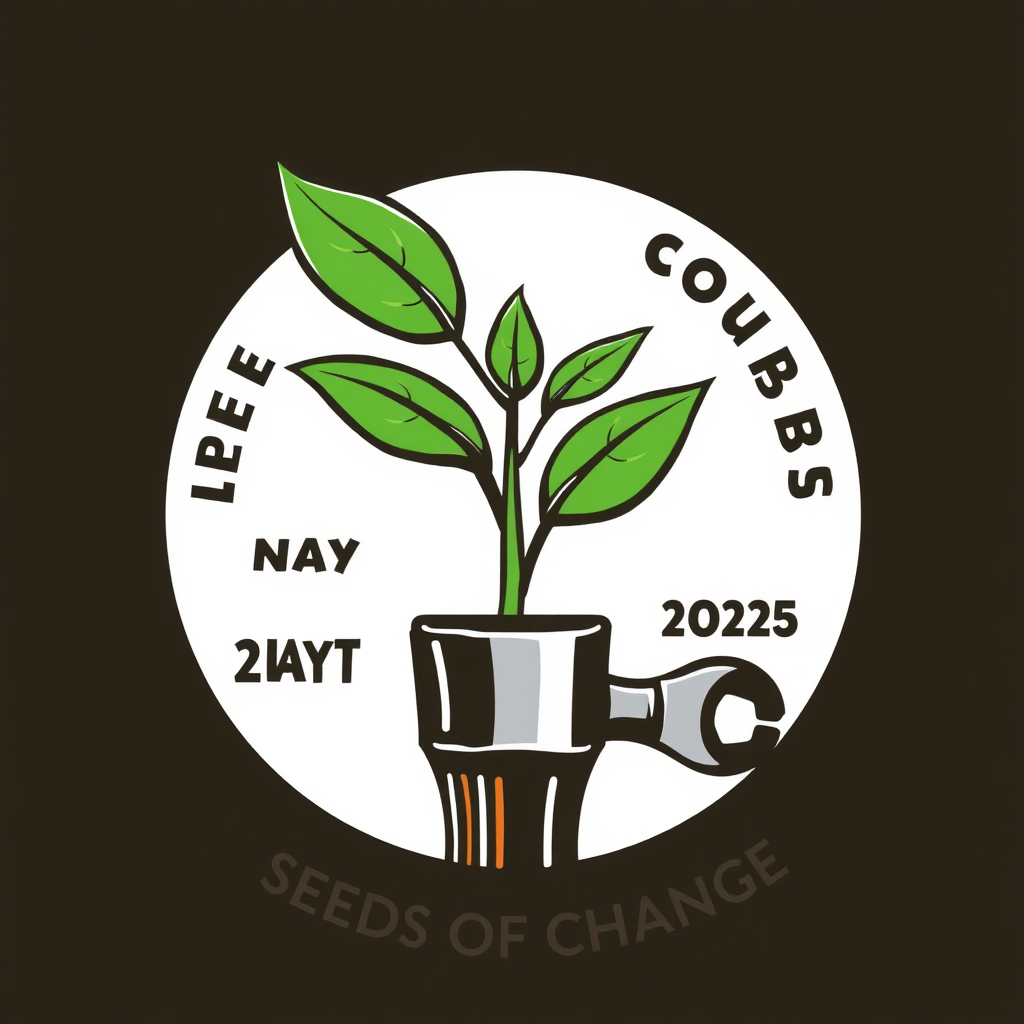 Emergent Growth: A green sprout powerfully emerging from a classic labor tool (e.g., wrench, hammer), symbolizing new beginnings from established foundations. 'May Day 2025' and 'Seeds of Change' are integrated into the design.