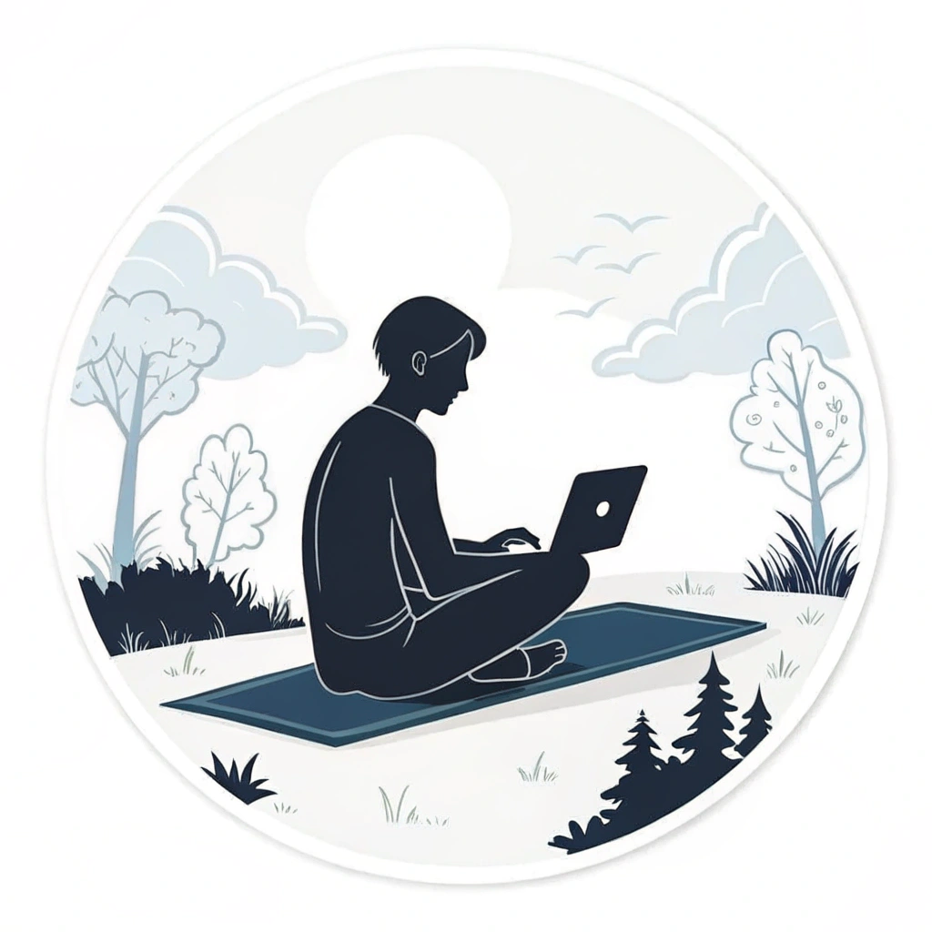 A minimalist design showing a silhouette of a person sitting cross-legged on a yoga mat, working on a laptop outdoors.