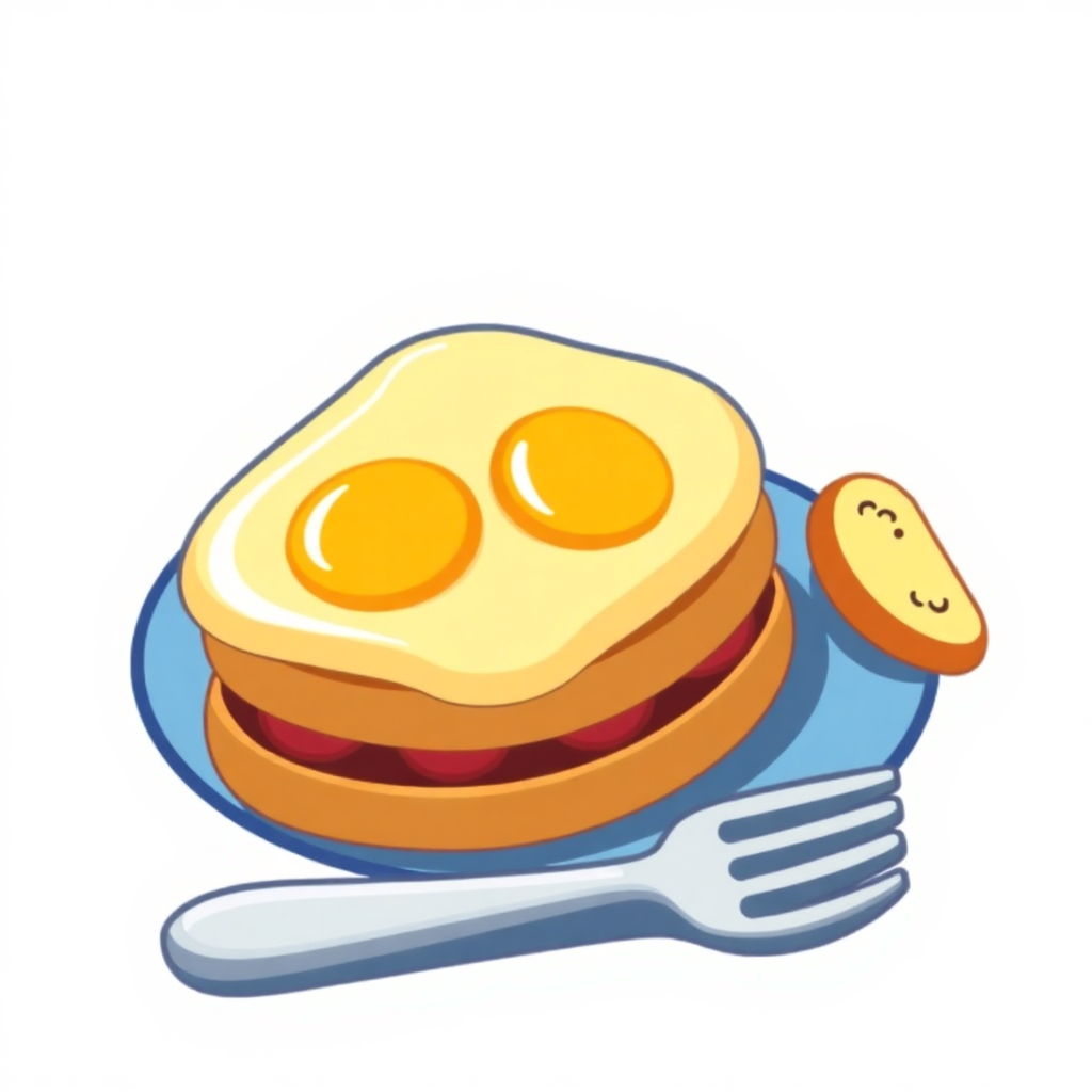 The image is an illustration of a breakfast meal. It shows a stack of pancakes on a blue plate with a fork on the side. The pancakes are golden brown and appear to be freshly cooked. On top of the pancakes, there are two fried eggs. On the right side of the plate, there is a small slice of bread with a smiley face on it. The background is white.