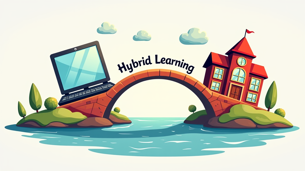 Visualize a stylized bridge connecting a laptop icon on one side to a physical school building icon on the other. The text 'Hybrid Learning' forms the arc of the bridge.