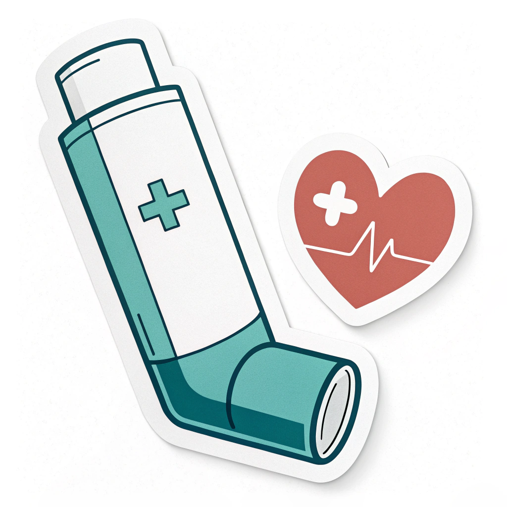 Simple icon idea: A minimalist, flat design of an inhaler with a small, clean heart icon or a plus symbol (+) positioned next to its mouthpiece, symbolizing health and relief.