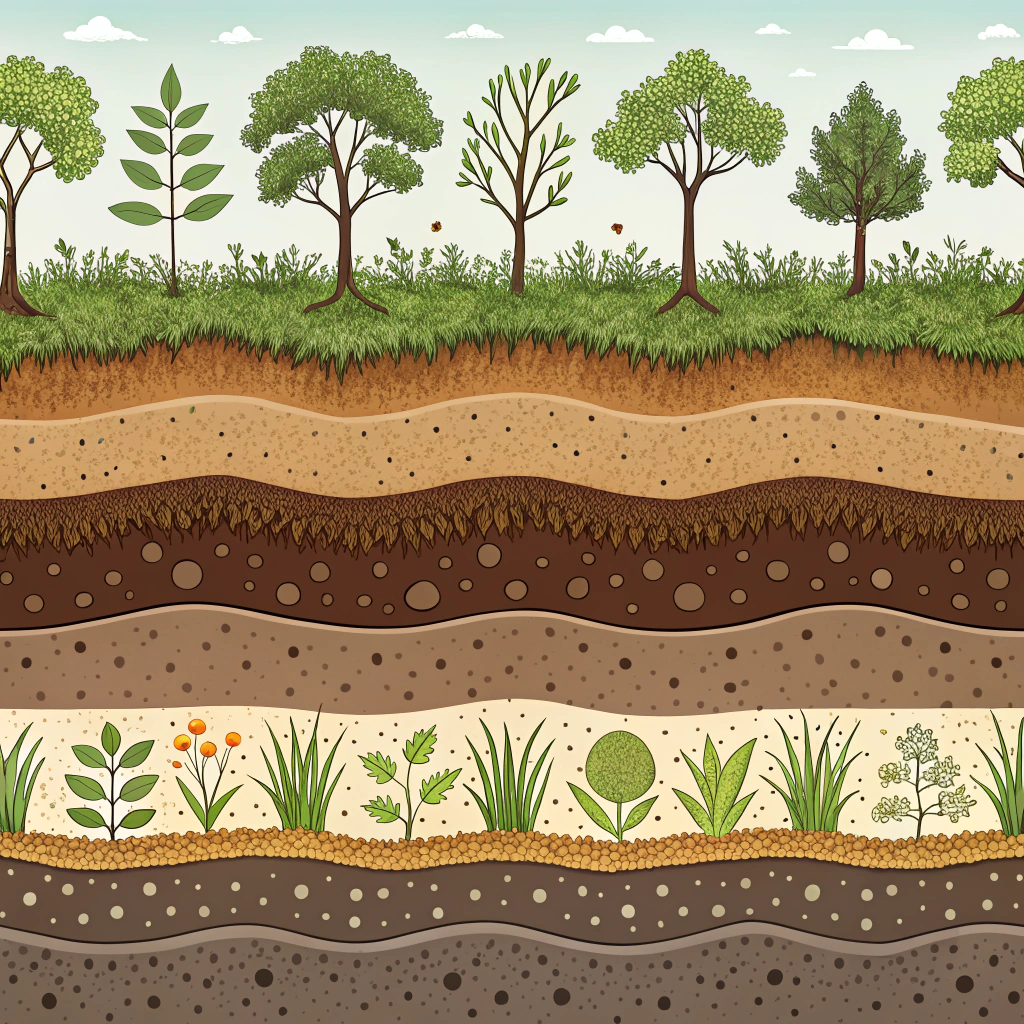 Patterns visually translating the layers of healthy soil horizons (O, A, B, C), using earthy palettes and textures to narrate the 'Foundation of Life' story from soil to textile.
