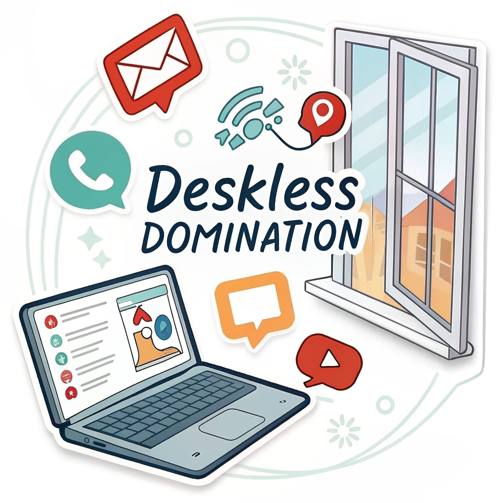 An image sticker of a charging laptop with notification icons floating around it and an open window in the background with the phrase 'Deskless Domination'.