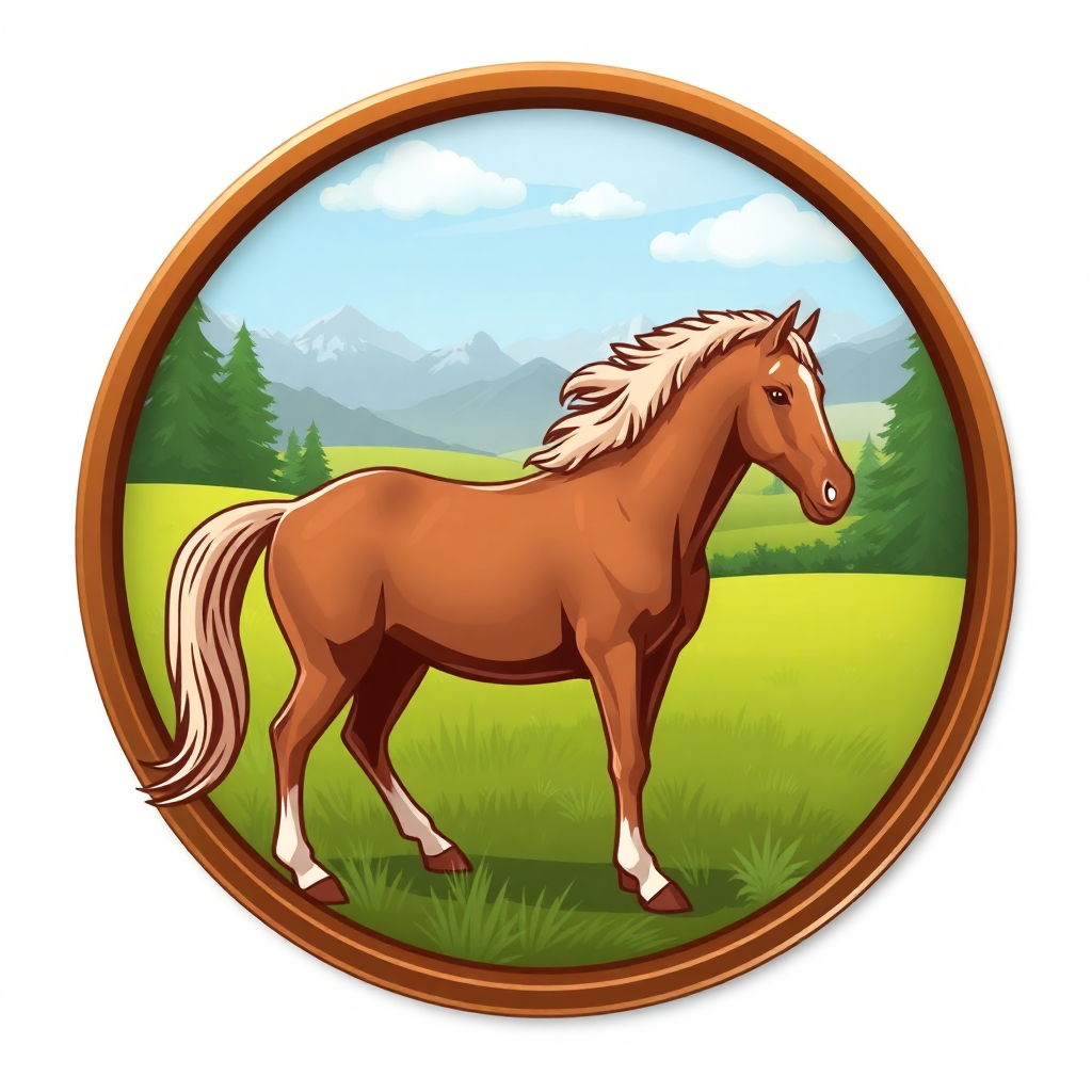 The image is a circular illustration of a brown horse standing in a green field with mountains in the background. The horse is facing towards the right side of the image and is standing on all fours with its head turned slightly to the left. It has a long mane and tail flowing in the wind. The sky is blue with white clouds and the mountains are covered in snow. The field is surrounded by trees and there is a fence in the foreground. The overall scene is peaceful and serene.