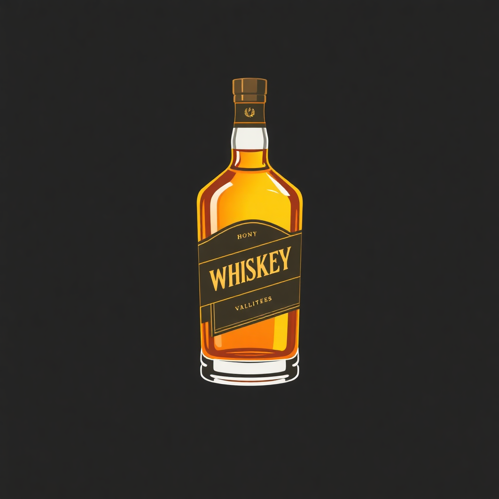 The image is a digital illustration of a bottle of whiskey. The bottle is made of glass and has a cork stopper. The label on the bottle is orange in color and has the word WHISKEY written in bold black letters. The background is black, making the bottle stand out. The overall design is simple and minimalistic.