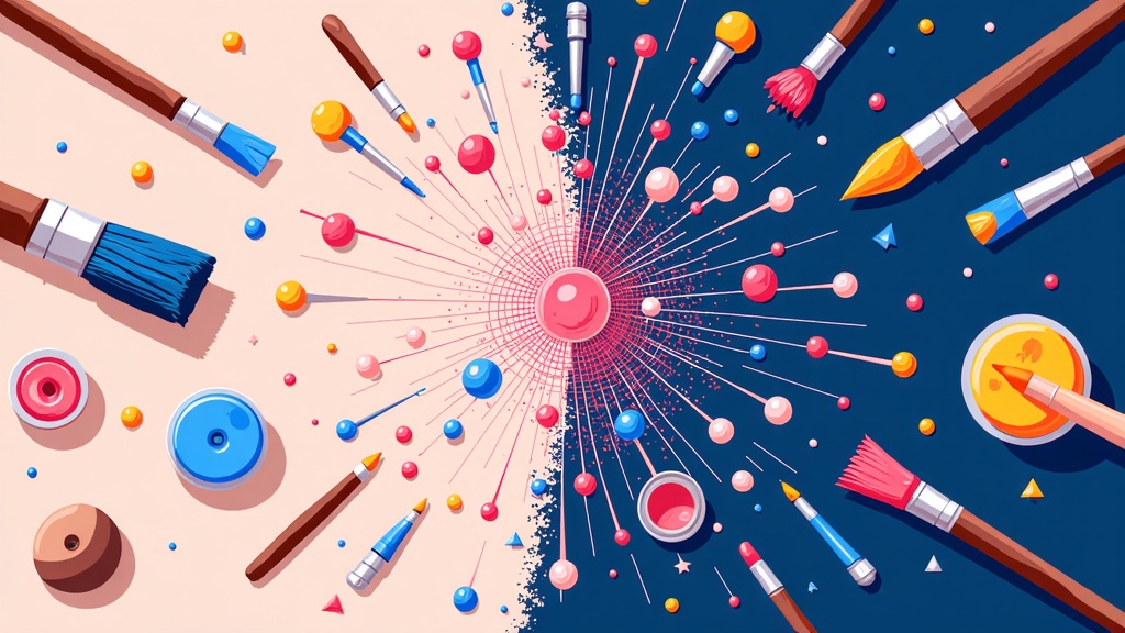 A split image: one half shows a traditional artist's tools (brushes, paints), the other half shows abstract digital patterns (nodes, networks, pixels) merging to form a cohesive illustration in the center.