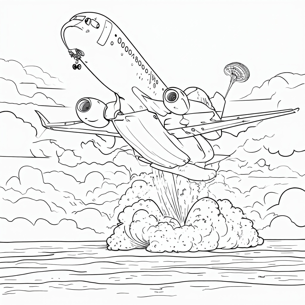 Dynamic coloring page of the Starliner's touchdown, highlighting the inflated airbags at its base absorbing the impact, with dust clouds rising from the ground and the parachutes settling nearby.