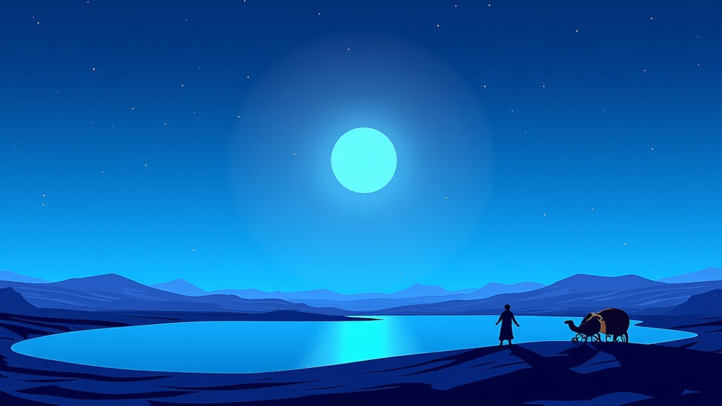 Moonlit Desert Serenity: Depict a vast, tranquil desert landscape under a clear, moonlit night. Emphasize cool blues, silvers, and deep shadows. Include elements like a reflective oasis, distant dunes, or a solitary silhouetted figure/caravan, conveying mystery and peace.