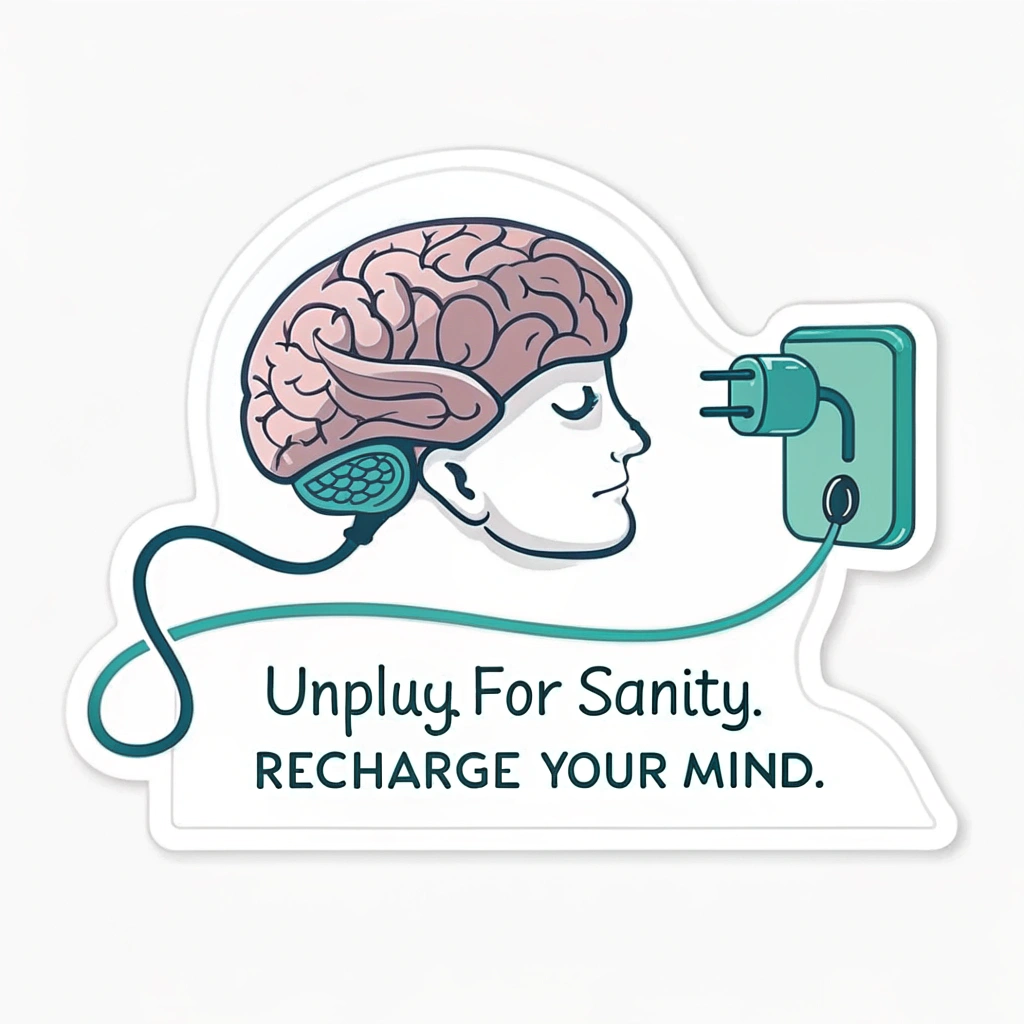 Sticker Design: A stylized human brain with a power cord being gently unplugged from a tiny phone-shaped socket. Text: 'Unplug for Sanity. Recharge your Mind.'