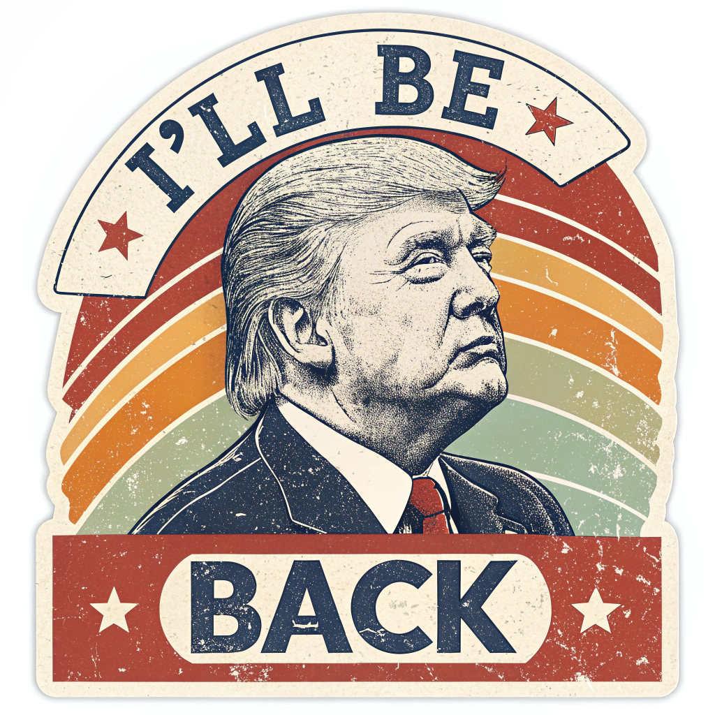 A sticker with a distressed or vintage look, featuring Trump's face and the 'I'll Be Back' quote, creating a retro political feel.