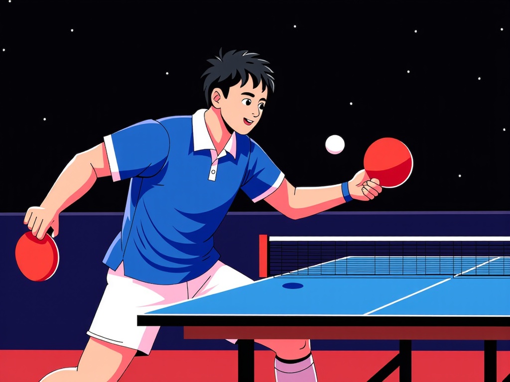  a young man playing table tennis. He is wearing a blue polo shirt and white shorts and is holding two red ping pong paddles in his hands. The man is in the middle of a shot, with his body slightly turned to the side and his eyes focused on the ball. The background is black with small white dots scattered across it. The table tennis table is blue and there is a net in front of the man. The image appears to be an illustration of a table tennis game.