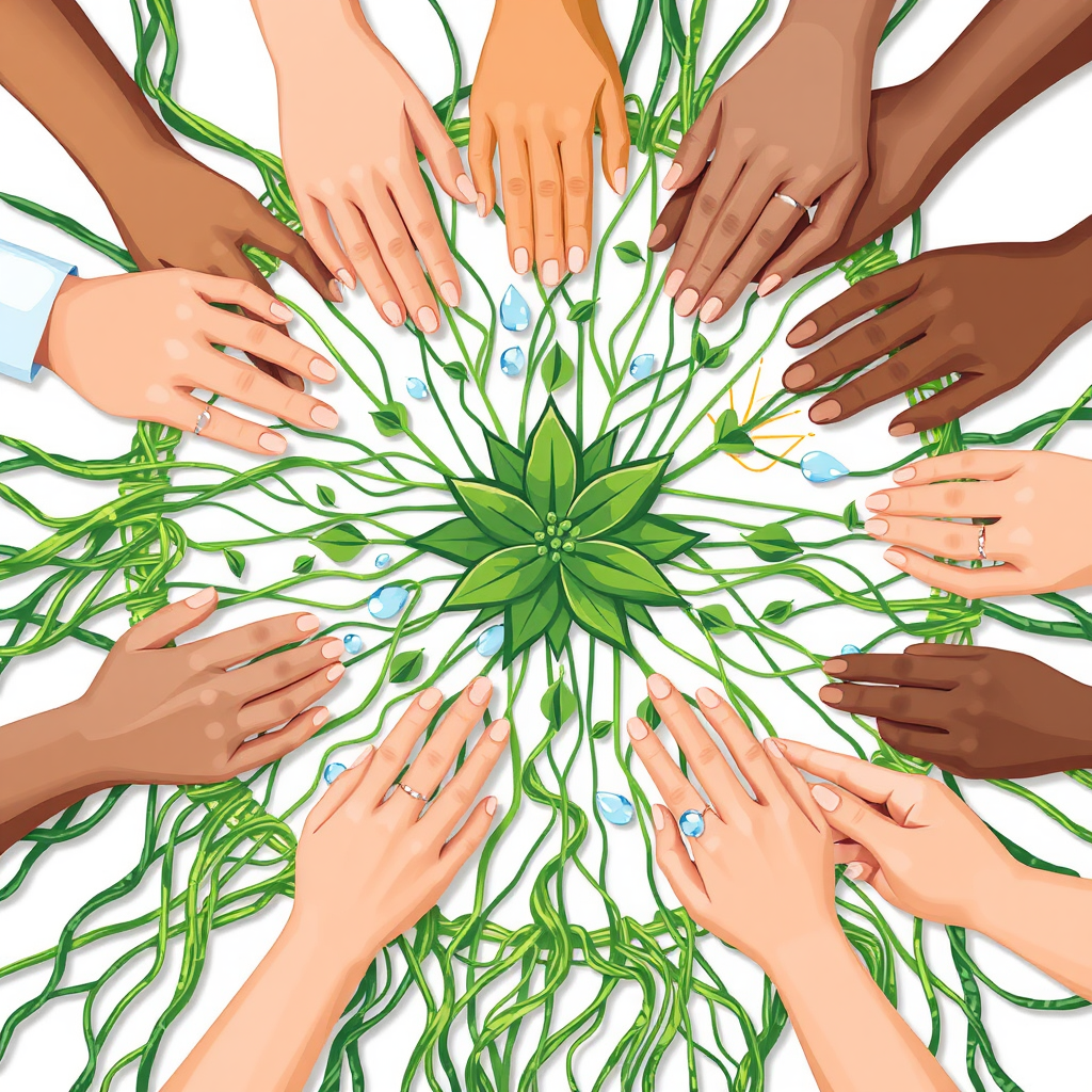 Sub-Design Idea 2: 'Weaving a Greener Web' - Diverse young hands collaboratively weaving green and earthy-toned threads or vines. These threads form an interconnected pattern incorporating leaves, water droplets, and sun rays, symbolizing collective action building a sustainable future.