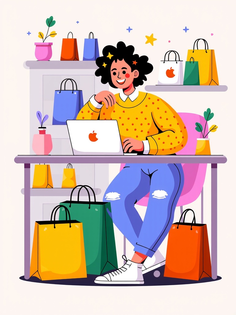  a young woman sitting at a desk with a laptop in front of her. She is wearing a yellow sweater with red polka dots and blue jeans. She has curly black hair and is smiling at the camera. Behind her, there are shelves filled with colorful shopping bags and potted plants. There are also several shopping bags of different colors and sizes scattered around the desk. The overall style of the illustration is flat and cartoon-like.