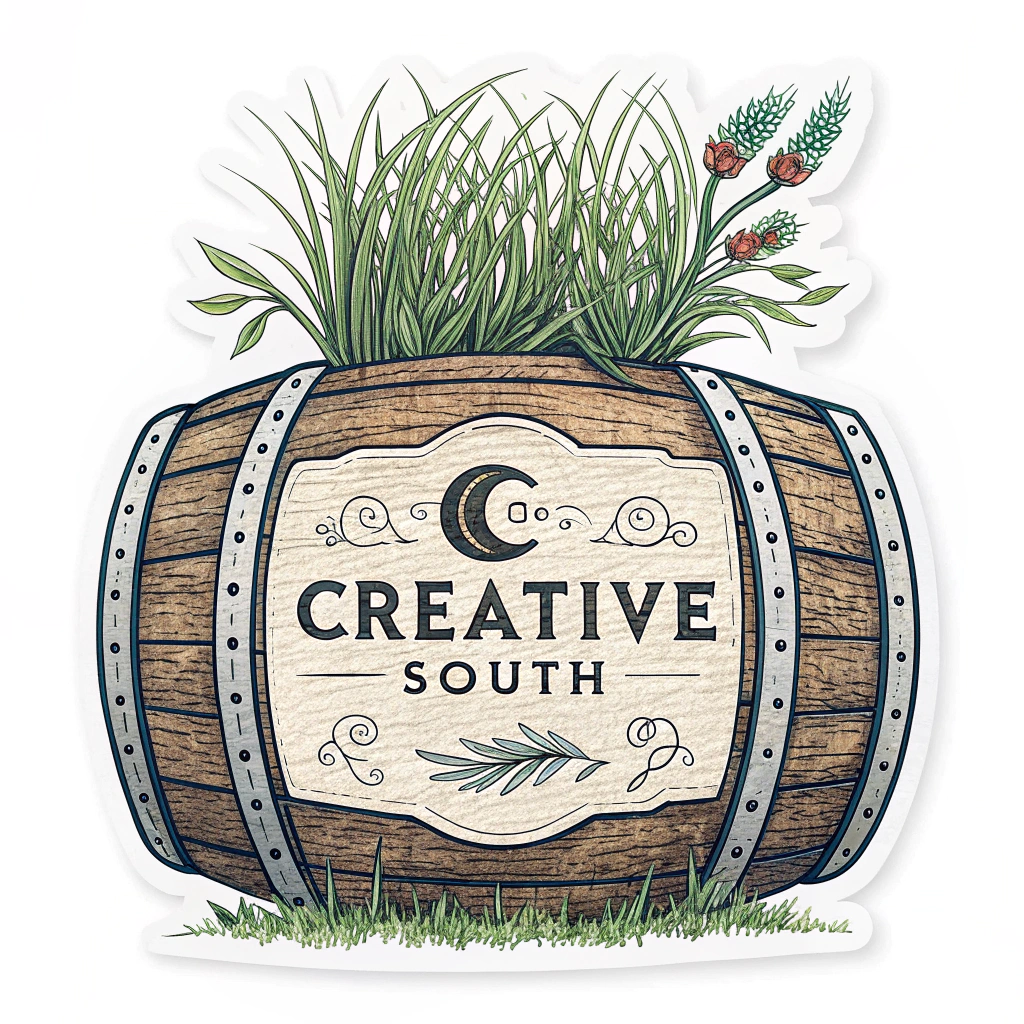 A minimalist sticker featuring a bourbon barrel with bluegrass growing on top, accompanied by the Creative South logo.