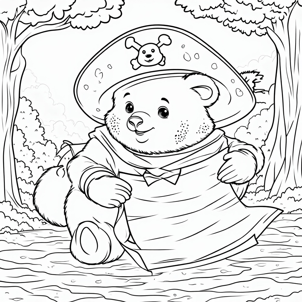 A bear exploring a treasure map, with a pirate hat and a wooden sword at his side.