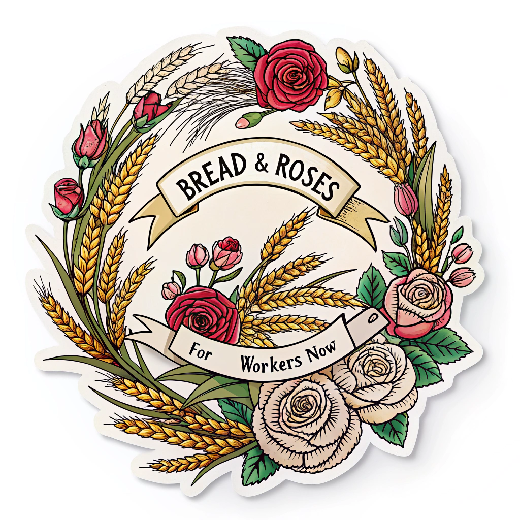 Sub Design Idea 5: Floral & Wheat Wreath - A circular design or wreath made of intertwined wheat stalks (representing bread) and various types/colors of roses (representing diverse workers and their aspirations). 'Bread & Roses' could be woven into the wreath, with 'For All Workers Now' as a central message or banner below.