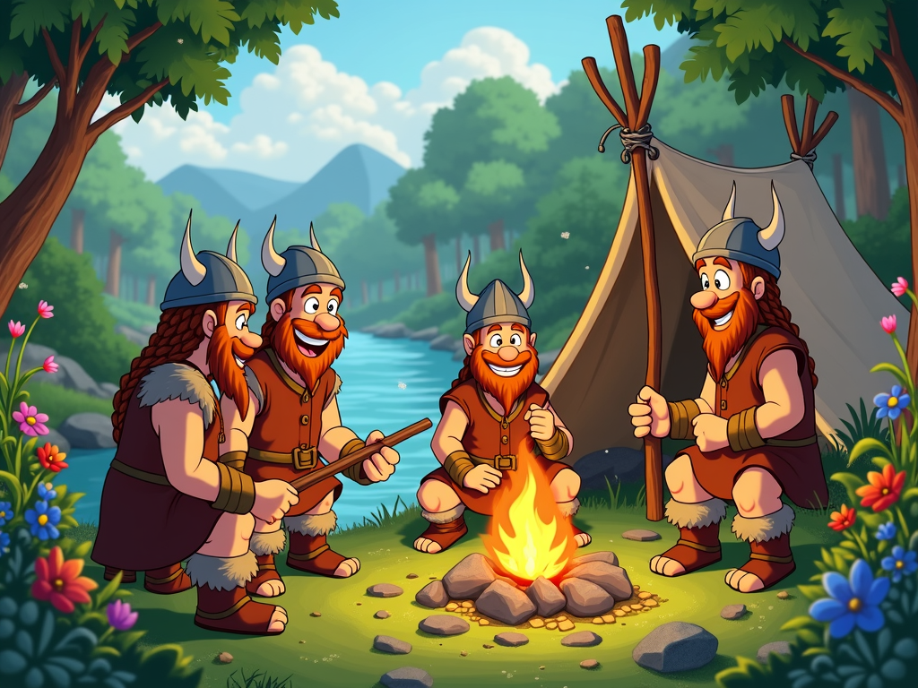 A cartoon that showcases the daily life of Viking explorers, focusing on the fun aspects of travel, camping, and interacting with various cultures in a humorous way