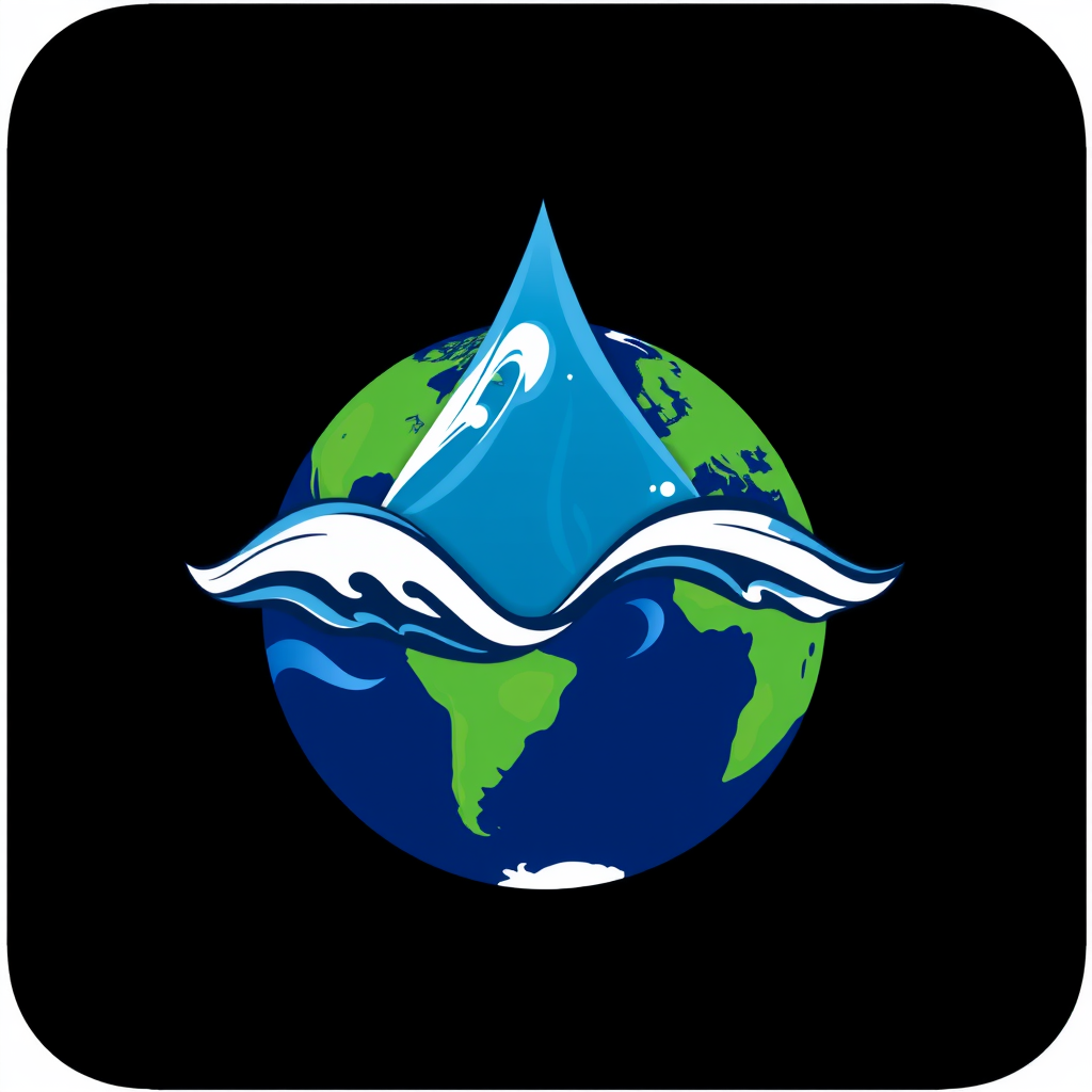 Sub-Design Idea 1: A stylized Earth where the oceans are prominently featured, perhaps forming a central, life-giving water droplet shape or a dynamic wave embracing the landmasses, symbolizing water's ubiquity and essential role.