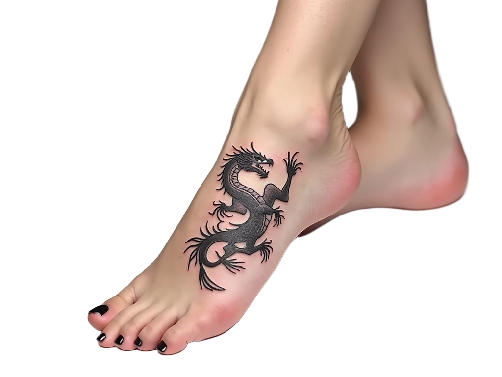 A minimalist dragon tattoo in black ink on a woman's ankle, featuring elegant and sweeping lines that suggest the creature's fluidity and grace.